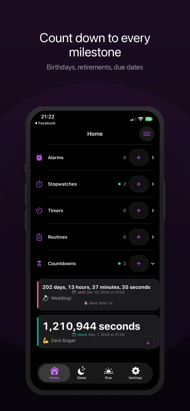 Rouse showing live countdowns to a wedding and a sobriety streak, alongside alarms, timers and routines